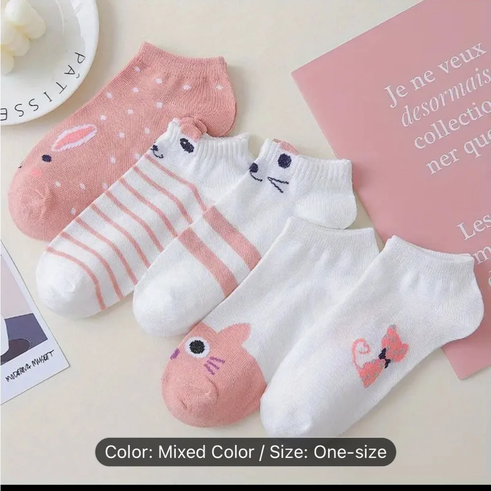 5 Pairs Cute Cat Print Short Socks,‎ NWT
